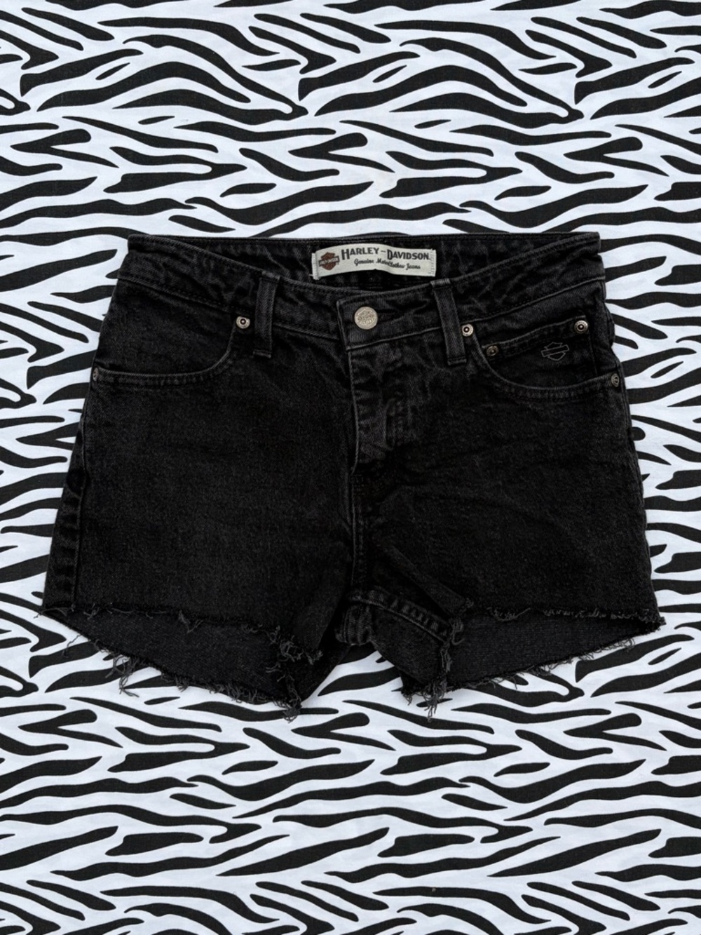 Early 2000’s Harley Davidson mid-rise washed black denim cutoff jean shorts